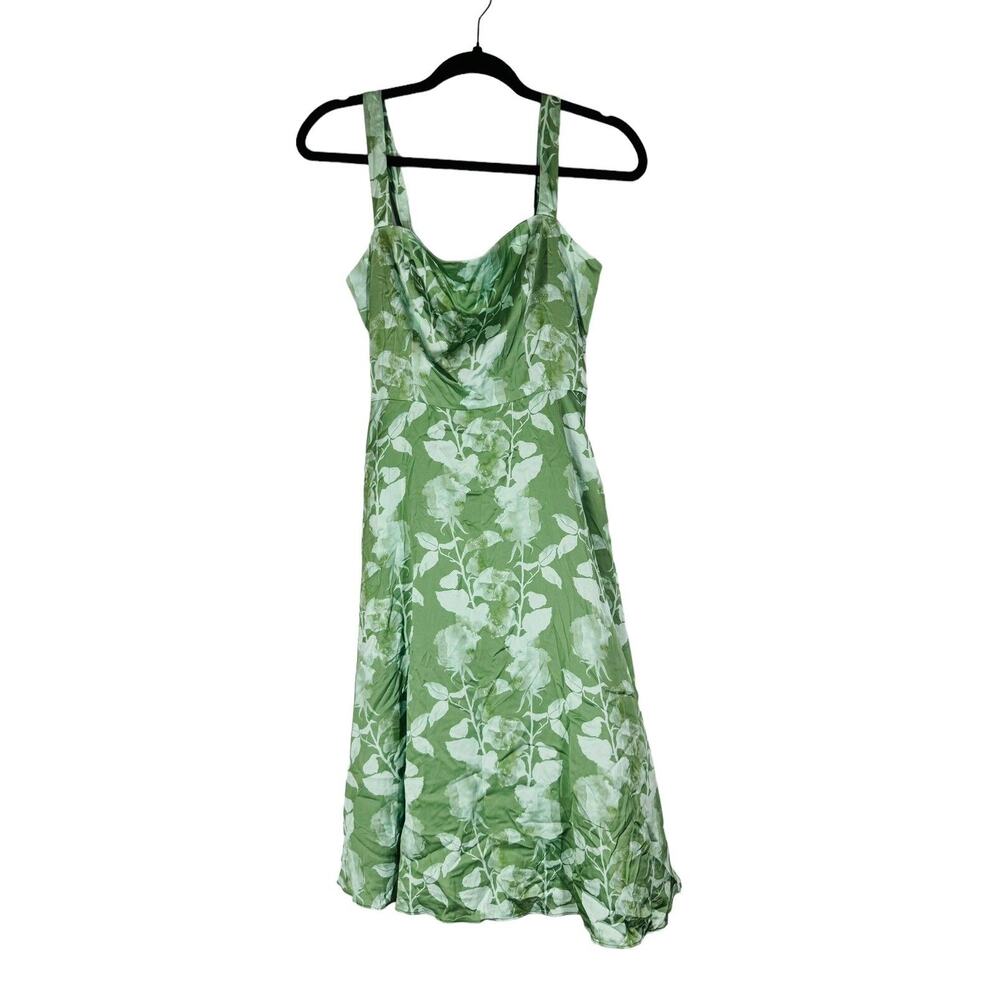 Hutch x ModCloth Tie-Back Midi Dress Green Floral Satin Size 12 Romantic Elegant - Picture 3 of 8